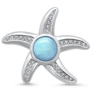 Natural Round Larimar & Cz Star Design .925 Sterling Silver Pendant - Picture 1 of 2