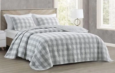 Chezmoi Collection 3-Piece Gray White Plaid Cotton Quilt Set - Buffalo Check ... - Image 1 of 4