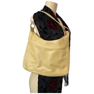 Y2K Perlina New York Women Leather Shoulder Bag Beige Logo Hardware Silver - Picture 1 of 7