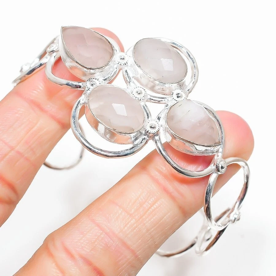 Brazalete de joyería de plata de ley 925 hecho a mano con piedras preciosas de cuarzo rosa talla 7-8 Foto 1 de 1