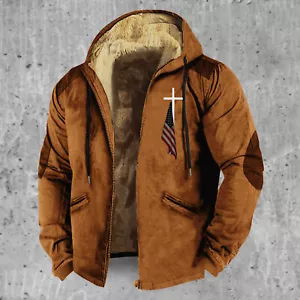 Men's American Flag Fleece Lined Hoodie Sweater Christianity Logo Zip Jacket - Picture 1 of 15