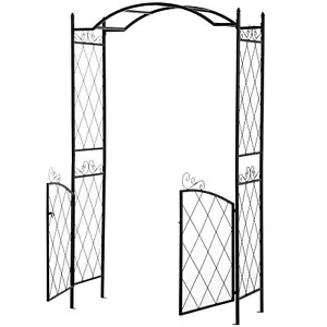 Garden Arbor Trellis with Gate Outdoor Arch Scrollwork for Climbing Plant Vines - Picture 1 of 15