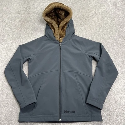 Chaqueta Marmot para mujer gris medio caparazón suave elástica cremallera completa capucha piel sintética capucha Foto 1 de 4