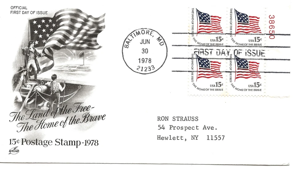 US Scott #1597, First Day Cover 6/30/78 Baltimore Plate Block Land of the Free - Image 1 of 1