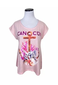 Pier 27 Cancun Graphic Relaxed Fit Anchor Print Cap Sleeve T Shirt Pink Medium - Picture 1 of 4
