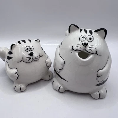 Pier 1 Fat Cat White And Black Striped Cat Salt Shaker And Creamer 3” - Image 1 of 4