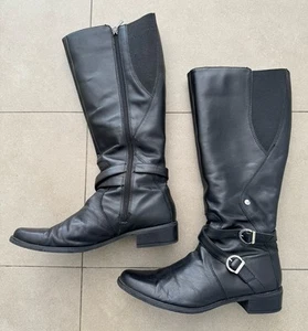 SUPERSOFT Size 9 / 40 Black Leather Knee High Boots, Flats, Buckles, Side Zip EC - Picture 1 of 10