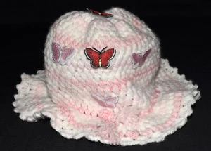 Vintage Pink White Striped with Butterfly Appliques Knit Bucket Style Girls Hat - Picture 1 of 7