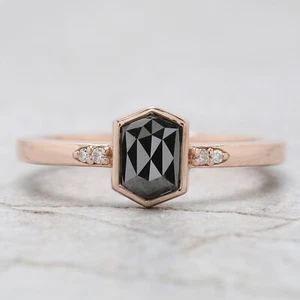 0.88 Ct Hexagon Black Diamond Ring 14K Solid Rose Gold Engagement Gift Ring - Picture 1 of 9