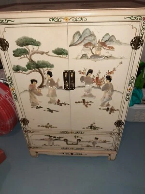 Estate Asian Oriental IVORY Sold Wood Chest Table Cabinet Mother Pearl Figures - Image 1 of 4