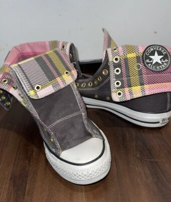 Vintage Converse All Star Chuck Taylor grigio tela alto/plaid rotolo polsino - Immagine 1 di 3