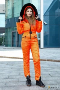 Women Winter Waterproof Ski Snowboard Sport Wear Suit Hooded Fox Fur Jumpsuit - Picture 1 of 4