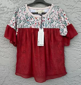 NWT Girls Size 6 Boutique KINDERKIND Red Floral Chiffon Dressy Top Ruffle Sleeve - Picture 1 of 9