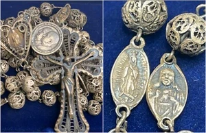 † ANTIQUE SCAPULAR IMAGES 1000 FINE SILVER STERLING FILIGREE ROSARY 30" 57 GRS † - Picture 1 of 12