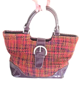 "JANE SHILTON - SW6" London Designer Burgundy Mix Tweed Handbag with Patent Trim - Picture 1 of 12