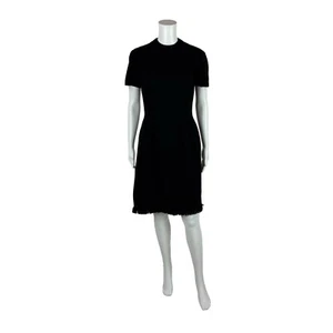 Vintage 60s Wool Dress Women's Medium Black Mockneck Mod Fringe Hem Shift - Picture 1 of 10