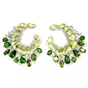 Gemstone Green Peridot, Chrome Diopside & Zircon Earrings 925 Sterling Silver - Picture 1 of 4