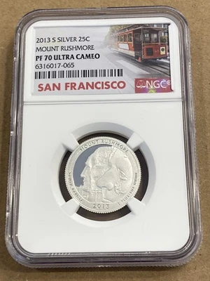2013 S Mount Rushmore Silver Quarter NGC PF 70 Ultra Cameo Trolley - Image 1 of 2