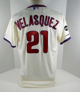 Camiseta deportiva Philadelphia Phillies Vince Velásquez #21 2019 usada en el juego crema DPM 150 P - Imagen 1 de 7