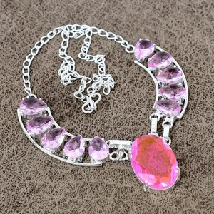 925 Sterling Silver Pink Topaz Gemstone Handmade Jewelry Necklace Size-18" - Picture 1 of 8