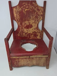 Antique Wooden Child's Chamber Pot Poddy Chair Wood Red Enamel Pot 20" x 12" - Picture 1 of 21