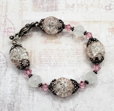 Pulsera Vintage Blanco y Rosa Cristal Facetado Color Floral - Plata de Ley 925 Foto 1 de 4