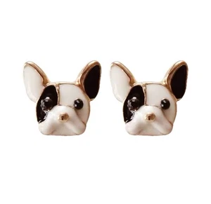 Betsey Johnson White Enamel Beautiful Boston Terrier Puppy Dog Stud Earrings NWT - Picture 1 of 10