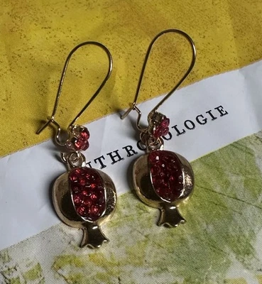 Anthropologie Red Pearl Pomegranate Earrings Greek Roman 14k Gold Dangle Pom - Image 1 of 2