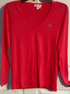 Lacoste Cotton Pullover Sweater Size 36 DK PINK V-Neck Long Sleeve WOMENS - Picture 1 of 9
