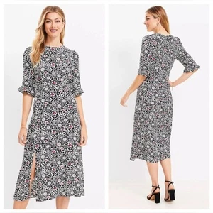 LOFT Women’s Floral Floral Ruffle Cuff Midi Slit Dress Size 10P Black White Pink - Picture 1 of 13