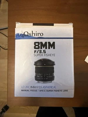 Lente ojo de pez Oshiro 8 mm 1:3,5 para Canon EOS EF con capucha, tapas de lentes - Excelente Foto 1 de 4