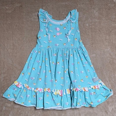 Vestido Eleanor Rose Niñas Aqua Floral Volantes Botones Dobladillo en Niveles Niños Talla 6-7 Foto 1 de 4