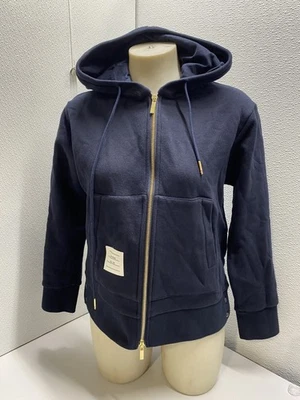 Thom Browne Womens Loopback Cotton Zip-Up Hoodie Jacket Back Stripe Size M Navy - Image 1 of 4
