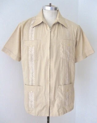 Vtg 70s Beige Guayaberas Poly Cotton Zip Front Cuban Wedding Shirt Embroidered L - Image 1 of 4