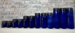 Vintage Cobalt Blue Glass Canister Jars Set Lot Of 12 Sizes Bail Trigger Lids - Picture 1 of 11