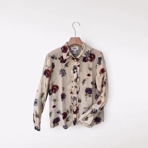 VTG Talbots Women Silk Floral Button Up Shirt Size 2P Preppy Ruffle Old Money - Picture 1 of 13