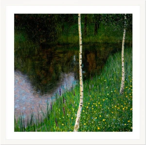 Lakeshore with Birches by Gustav Klimt 59cm x 59cm Framed White - Bild 1 von 1