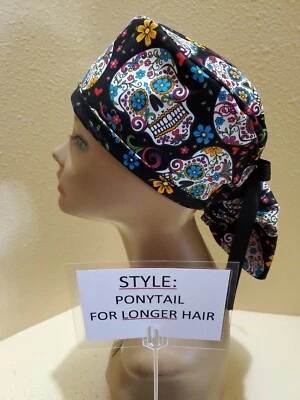 Sugar Skulls (black) Women's Ponytail Surgical Scrub Hat/Cap Handmade - Image 1 of 4