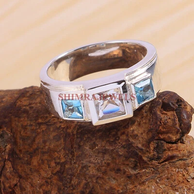 Anello In Argento Sterling 925 Con Gemma Di Topazio Bianco E Blu Per Uomo #7 - Immagine 1 di 3