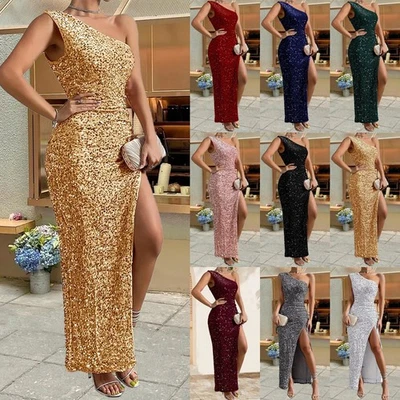 Christmas Womens Sequins Glitter High Split Sleeveless Long Bodycon Party Dress - Image 1 of 4