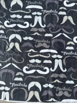 Jo Ann Cotton Flannel Fabric Gray White Mustaches on Black Novelty Moustache - Image 1 of 4
