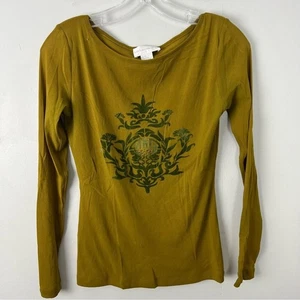 Soft Surroundings Y2K Mesh Mustard Long Sleeve Top Velvet Design Womens XS - Picture 1 of 5