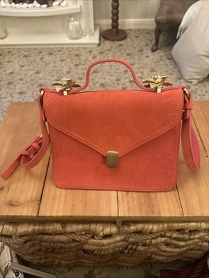Zara Coral Pink Faux Suede Top Handle & Crossbody Bag Gold Tone Flower Detail - Image 1 of 4