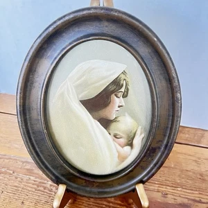 Antikes Mutter Kind Madonna gerahmtes Bild Metall ovaler Rahmen 5x7 - Bild 1 von 6