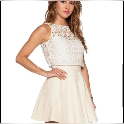 Alice + Olivia Julie Lamb Leather and Lace Overlay Mini Dress Cream Bone Size 4 - Image 1 of 4
