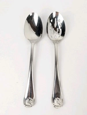 Pair GORHAM SHELL Serving Spoons 8-5/8" Slotted & Solid Stainless 18/8 EUC - Image 1 of 4