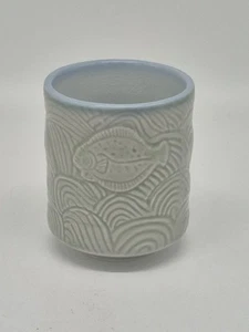 Vintage Celadon Green Glaze Japanese Brush Pot Fish And Waves - Picture 1 of 2