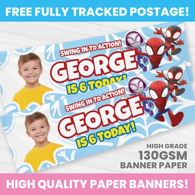 SPIDERMAN BIRTHDAY BANNER PERSONALISED ANY NAME PHOTO SPIDEY PARTY BANNER - Image 1 of 3