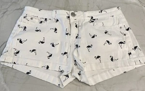 Vintage GUESS Black Flamingos on  White Denim Shorts Size 29 - Picture 1 of 5