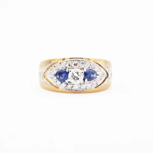 Anello oro giallo zaffiri blu naturali e diamanti raffinato gioiello - Picture 1 of 4